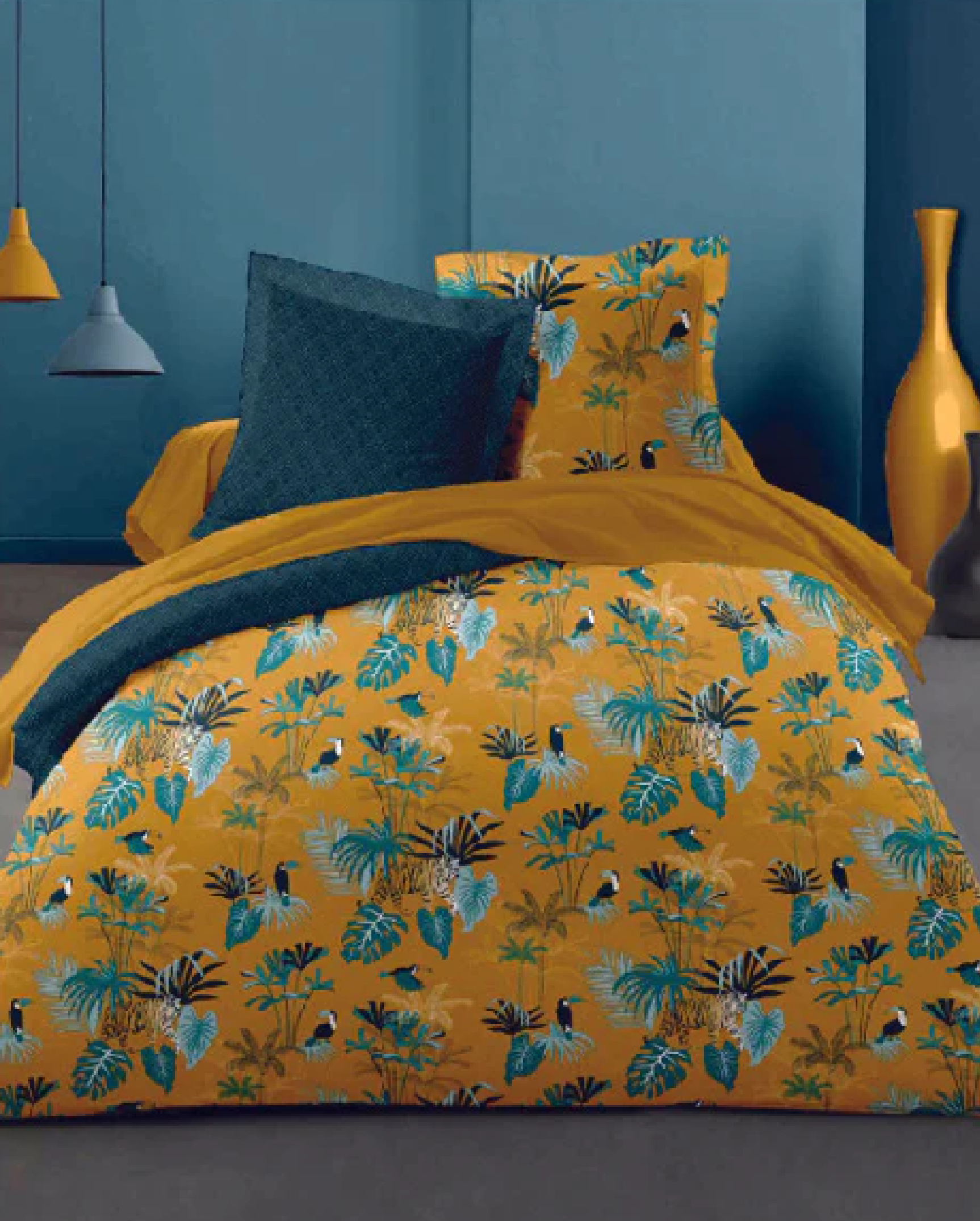 Hometex printed bedding in a styled bedroom
